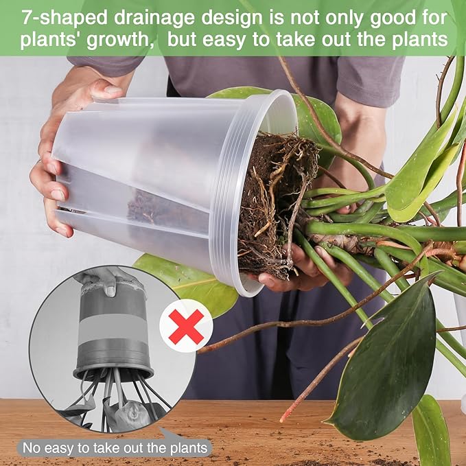 GREENPARA 8-inch Transparent Plastic Garden Pots Planter with Saucer Plant Pot Nursery Pots Drainage Hole for House Plants, Herb, Flowers, and Cactus with Plant Labels, 3-Set