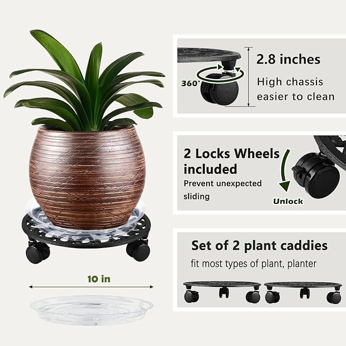 2 Packs 11 Inch Rolling Plant Stand with Wheels Wrought Iron Rolling Plant Stand with Casters Heavy Duty for Indoor Plants Rollers with Plant Saucers, Metal Round Plant Dolly