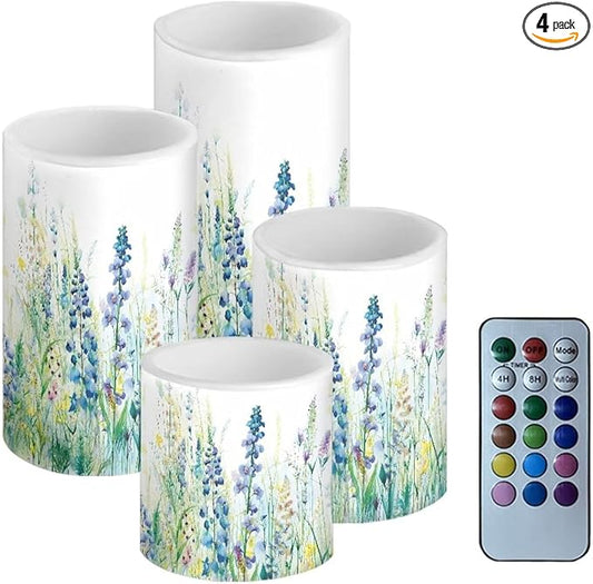 Flameless Candles Battery Powered LED Candles with Remote Timer Color Changing Control for Indoor Outdoor Home Table Beach Wedding Decoration Set of 4, Blue Green Floral