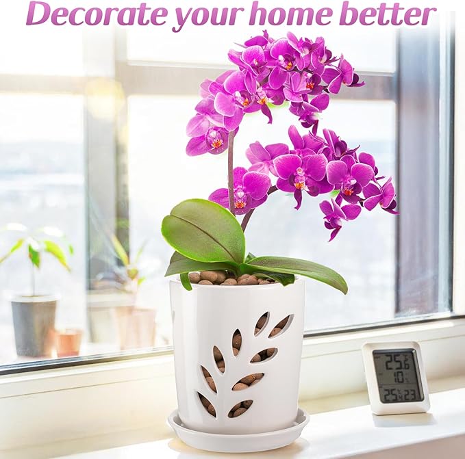 Aulock 4in Ceramic Orchid Pot with Holes - Decorative Orchid Pot Leaf Hollow with Saucer, Excellent Air Circulation, for Dendrobium Oncidium Cattleya Repotting Indoor Outdoor