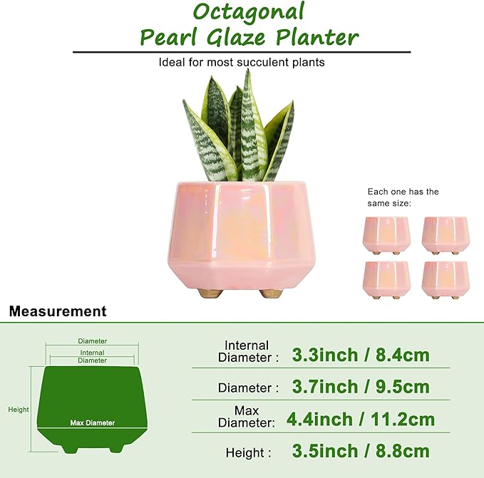 4 Inch Succulent Planter Ceramic Pot for Indoor Plants - Flower Pots with Drainage Hole - Set of 4