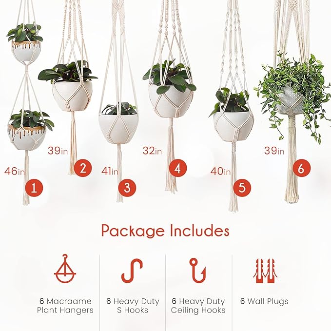 Macrame Plant Hangers Indoor Macrame Hanging Planters for Indoor Plants, 6 Pack Hanging Plant Holders Indoor Hanging, Macromay Plant Hangers for Indoor Plant Hanger, Outdoor Flower Pots Holder