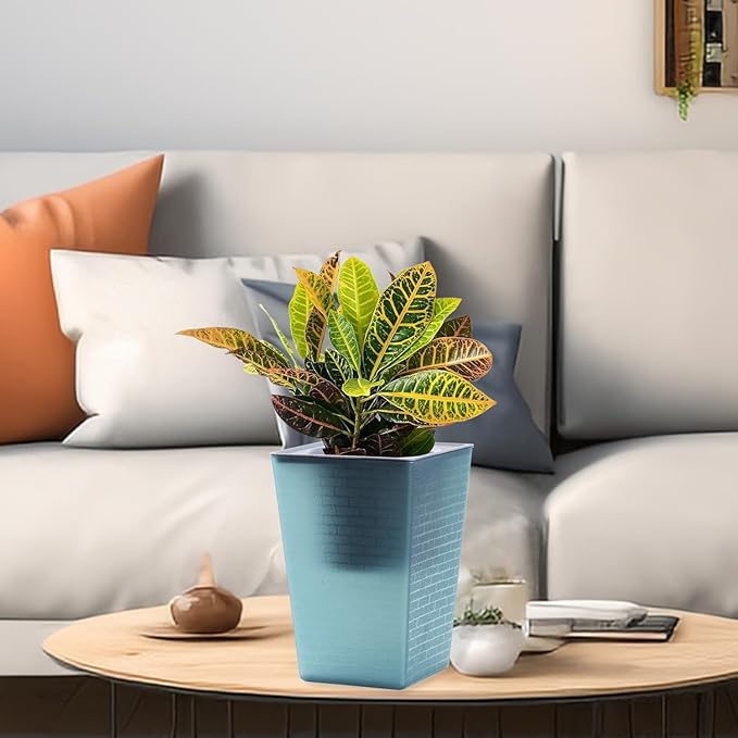 Self Watering Planter 2 Pieces 6 Inch, Plastic Flower Pots with Inner Pot Indoor Plants Brick Pattern Flowerpot for Indoor Plants, African Violets, Flowers, Herbs (Blue)