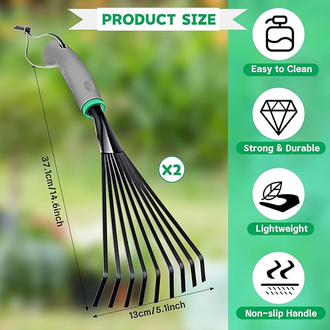 2 Pcs Gardening Hand Rake Stainless Steel Hand Tiller Small Garden Rake for Gardening Short Handle Rake with Handle Garden Tools for Cultivating Loosening Soil Spreading (Gray Green, Stylish Style)