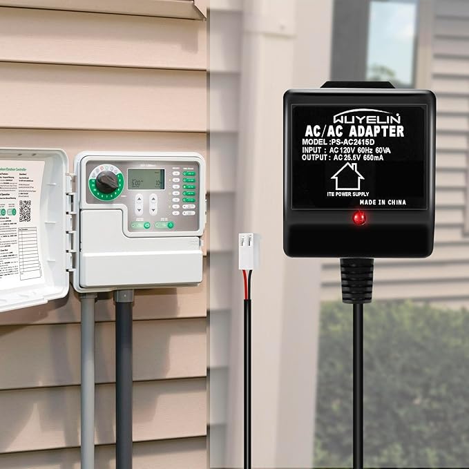 25.5V AC 650mA Sprinkler Timer Power Adapter，Replacement Transformer Compatible Rain Bird UT1 SST Series, Indoor Irrigation Timers，24V Sprinkler System Power Supply Transformer