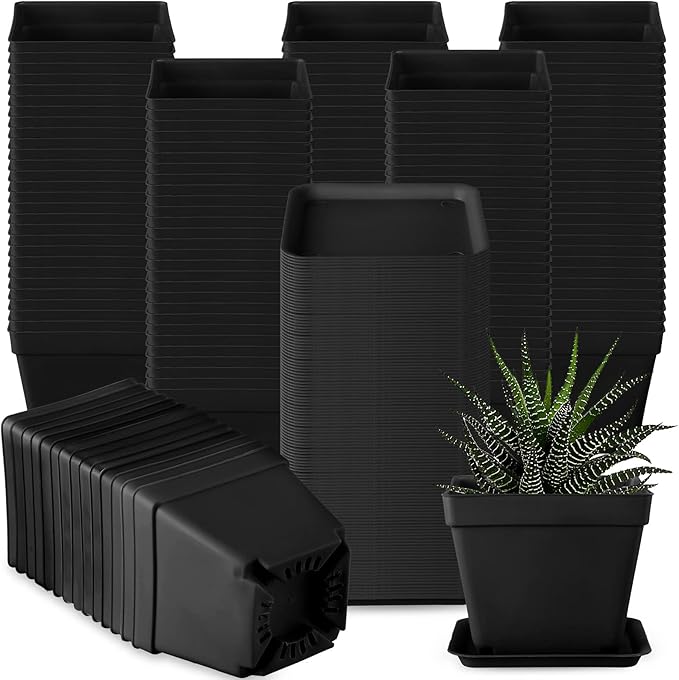 100 Pieces 4 Inch Flower Pots Square Plants Nursery Pot Plastic Plant Seedling Pots Nursery Transplanting Planter Container with Saucer for Indoor Herbs Succulents Balcony Garden Office (Black)