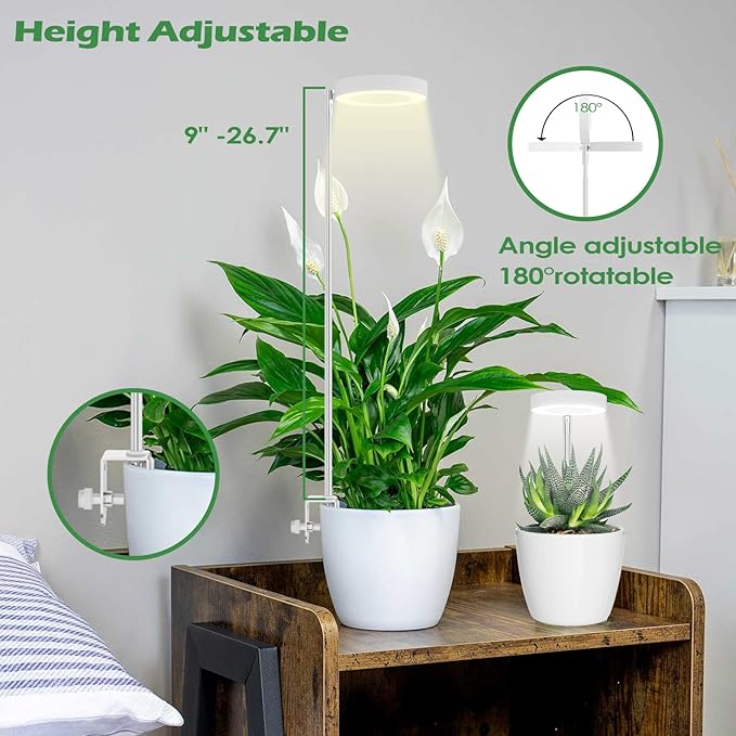 Grow Lights for Indoor Plants, Full Spectrum LED Clip Plant Lights, Height Adjustable and 3 Modes, 3/9/12h Automatic Timer, 10 Dimmable Brightness, Mini Halo Grow Lights for Small Plants