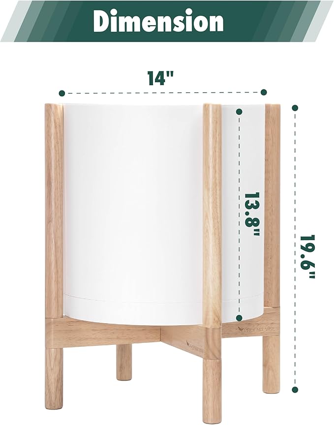D'vine Dev Planter Pot with Stand - 14 Inch Plastic Cylinder Flower Pot with Wood Planter Holder for Indoor, Matte White Pot + Natural Stand, 55-C-S-1