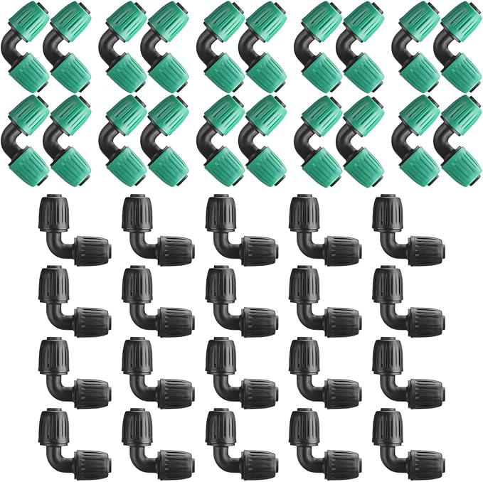 Frienda 40 Pcs 1/2 Inch Irrigation Fittings Elbow Connectors Tubing (1/2" Idx0.6-0.63" Od) 16mm Drip Tubing Barbed Drip Parts Locked Elbow Connectors for Hose, Black and Green