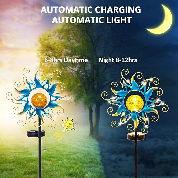 Solar Lights Outdoor Garden Decor, Blue Metal Sun Crackle Glass Globe Stake Waterproof 30LED Decorations Unique Gifts for Women,Mom,Outside, Patio,Lawn,Yard,Pathway