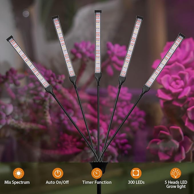 Grow Lights for Indoor Plants Full Spectrum with Stand and Timer, (Red+Blue+White) 5 Heads LED Plant Lights for Indoor Growing, Standing Floor House Plant Lamp for Seed Starting.