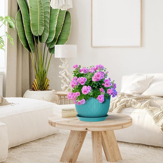 Large Plant Pots 12/10/9 inch, 3 Pack Big Flower Pots for Outdoor Indoor Plants with Water Ripples, Wide Plastic Planters with Drainage Holes and Saucers for Garden Home Decor, Blue Green