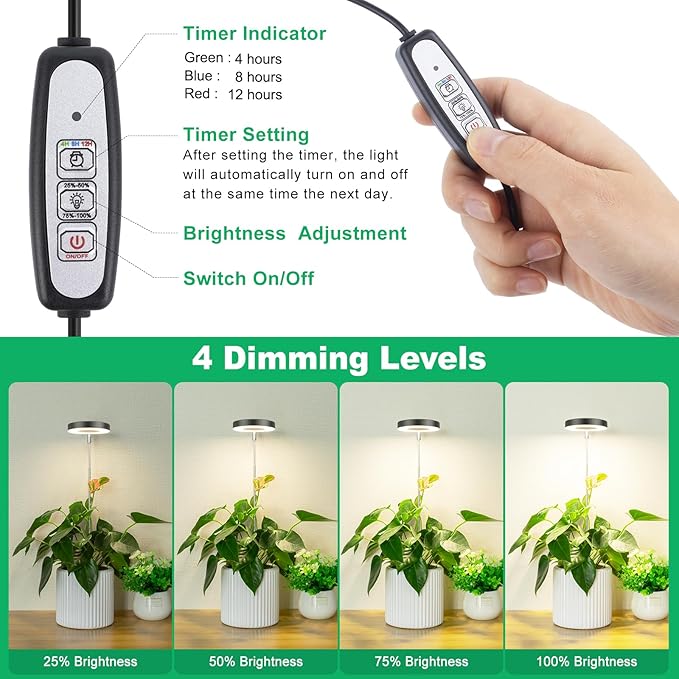 LORDEM Plant Grow Light, Full Spectrum LED Plant Light for Indoor Plants, Growing Lamp with Auto On/Off Timer, 4 Dimmable Brightness, Ideal for Indoor Plants, Black