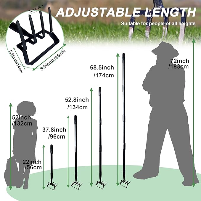 4-Tines Rake and Stirrup Hoe - Adjustable Long Handle Scuffle Loop Hula Action Hoe for Weeding, Digging, Loosening Soil, Stainless Steel Tiller Cultivator for Gardening, Raised Flower Beds Planting.