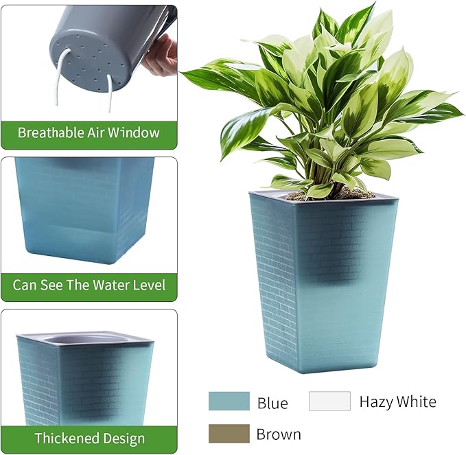 Self Watering Planter 4 Pieces 6 Inch, Plastic Flower Pots with Inner Pot Indoor Plants Brick Pattern Flowerpot for Indoor Plants, African Violets, Flowers, Herbs