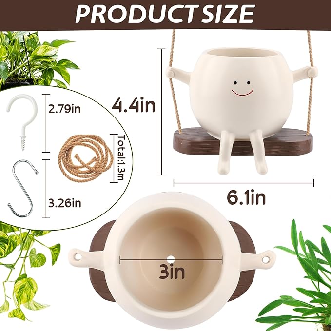 Large Size Swing Face Hanging Planter Pot for Indoor Outdoor Plants, Cute Swinging Plant Pot, Hanging Flower Pots, Face Planter Pot Head, Resin Succulent Planter, Valentines Day Gifts for Her