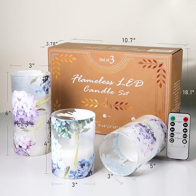 Floral Flameless Candles Decorative Battery Operated with Remote Hydrangea Flowers Romantic Lovers Flickering Pillar Candles for Wedding Tray Centerpiece Home Decor