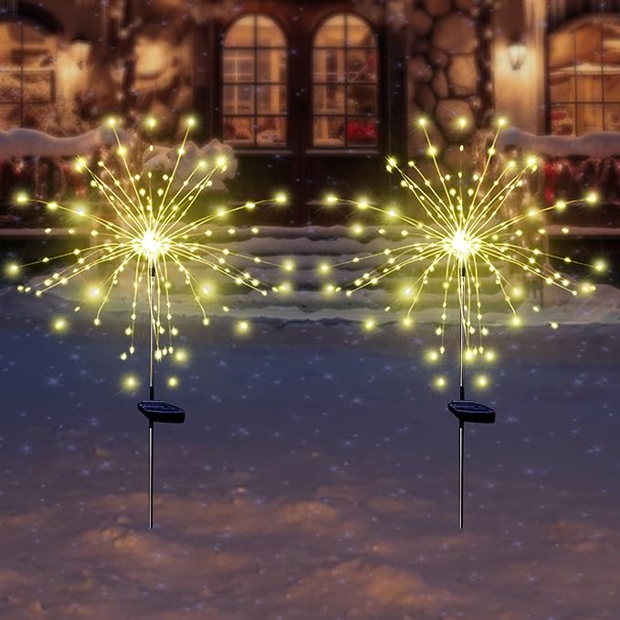 Solar Garden Firework Lights Outdoor Waterproof 6 Pack Solar Powered Art Stake Twinkle Lighting for Outside Decor, 120 LED Sparklers String Lights for Yard Pathway Patio Party Decorations (Warm White)