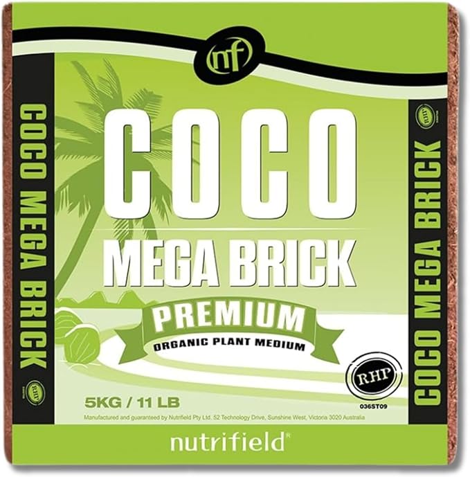 Coco Coir Mega Brick Organic Coconut Coir 11 Pound Coco Fiber Compressed Block Pre Washed Buffered RHP Cert Potting Soil Indoor Outdoor Plant Garden Use Vegetable Flower Seed Starter Mushrooms