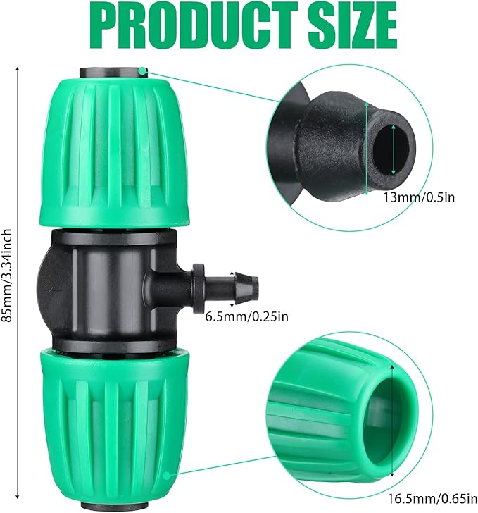 Frienda 40 Pcs Barbed Tee 1/2 Inch Tubing (1/2" Idx0.6-0.63" Od) 16mm to 1/4 Inch Irrigation Tube Fittings Drip Irrigation Parts Anti Drop Locked Reducing Tee for Drip Hose, Green