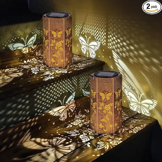 2 Pack Butterfly Solar Lanterns Outdoor Waterproof - Birthday Gifts for Women, Mom, Butterflies Solar Lights Outdoor Hanging Garden Decor for Outside, Patio, Outdoor, Yard, Lawn, Balcony