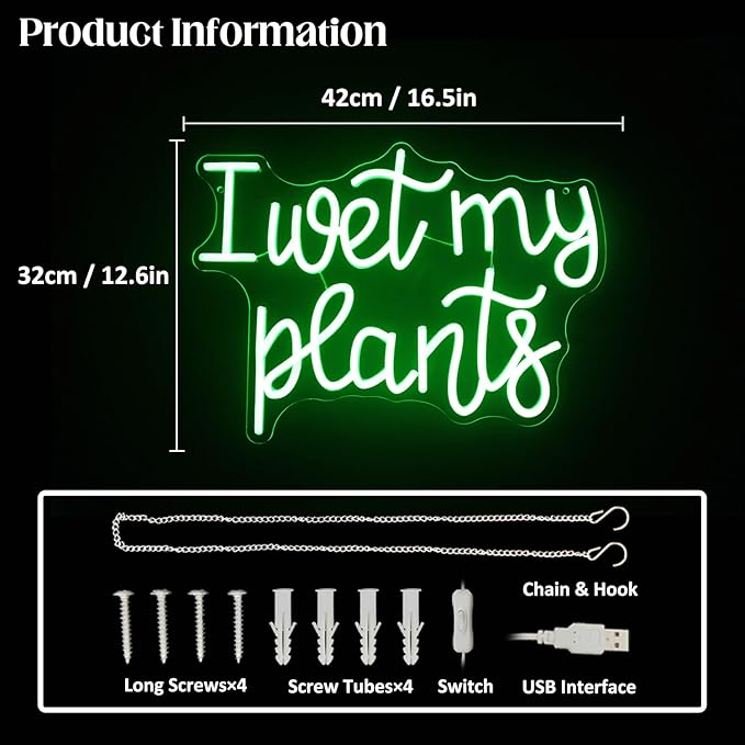 I Wet My Plants Neon Sign Green Letters LED Signs for Wall Decor Green Plant Neon Lights Words Neon Light Sign for Garden Living Room Bedroom Porch Decor Plant Gifts for Plant Lovers