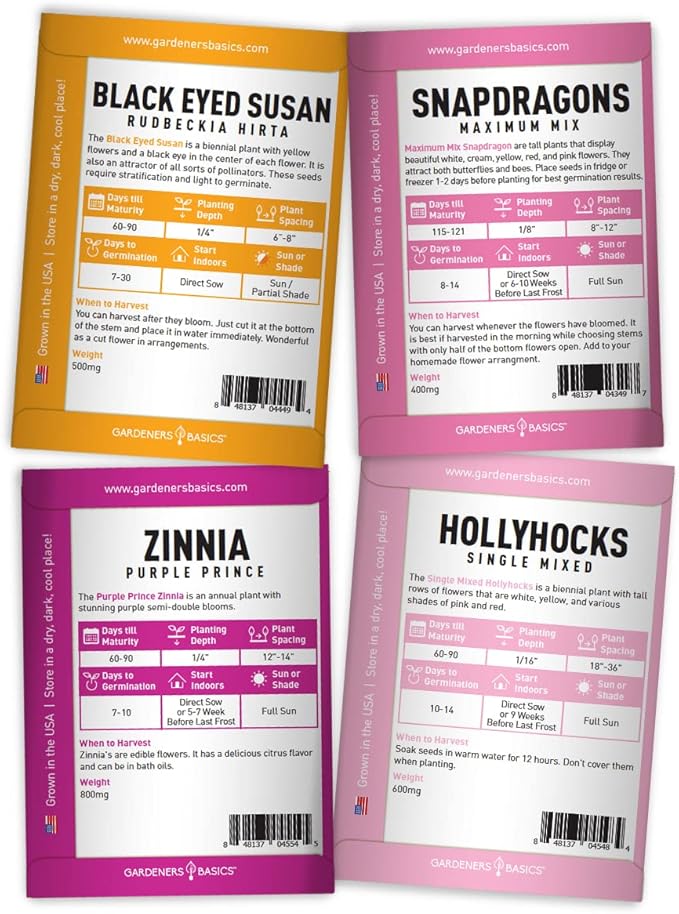Gardeners Basics, Butterfly Seeds for Planting Outdoors Flower Seeds (8 Variety Pack) Milkweed, Aster, Zinnia, Hollyhock, Snapdragons, Echinacea, Phlox, Black Eyed Susan Pollinators Wildflower Seed