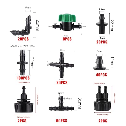 272 Pcs 1/4" Barbed Fittings Kit, 3/4'' to 1/4'' Hose Adapter,Straight Barbs,Tees,Elbows,End Plug,4-Way Coupling for Repair Drip Irrigation Fittings Misting Cooling System (272)