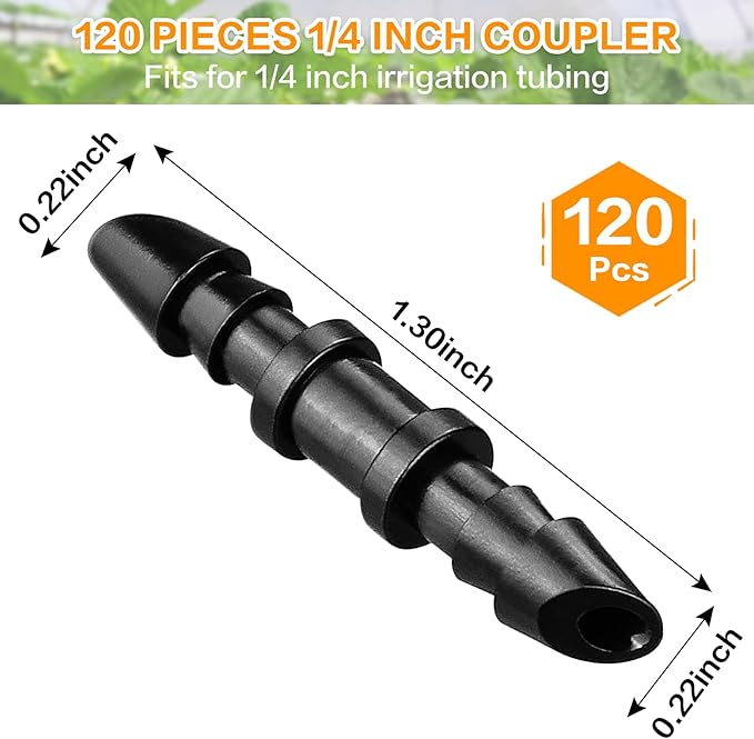 Drip Irrigation Coupling Fittings：120 Pieces Barbed Coupler Irrigation Parts with Sharp End Fits for 1/4 Inch Irrigation Tubing Drip Line Connectors for Garden Lawn Irrigation System