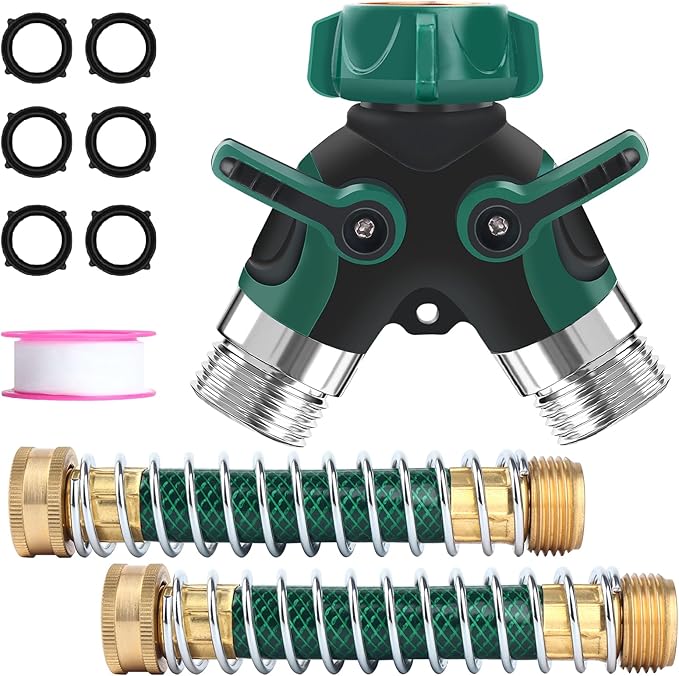 Hose Splitter, Garden Hose Splitter 2 Way Heavy Duty,3/4" Spigot Adapter Connector with 2 Kink Free Faucet Extension Hose Protector 6 Rubber Washers and PTEP Tape for Drip Irrigation, Lawns
