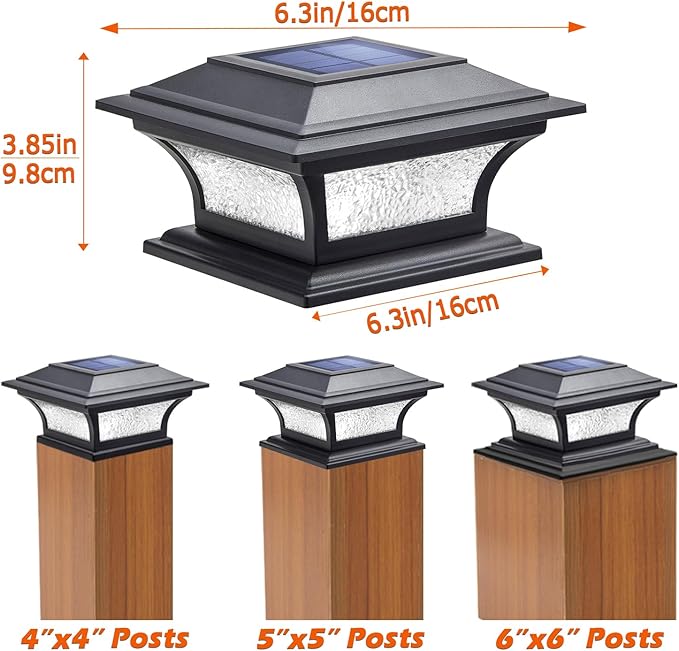 SIEDiNLAR Solar Post Cap Lights Outdoor Glass LED Fence Deck Light 2 Modes for 4x4 5x5 6x6 Wooden Vinyl Posts Patio Garden Decoration Warm White/Cool White Lighting Black (6 Pack)