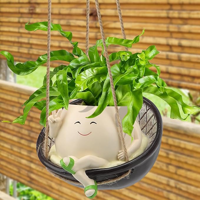 Hanging Swing Chair Planter Pot Resin Smile Face Plant Pot for Indoor Outdoor Plants Cute Head Flower Pots for Succulent String of Pearls Unique Gift for Mother's Day, Birthday