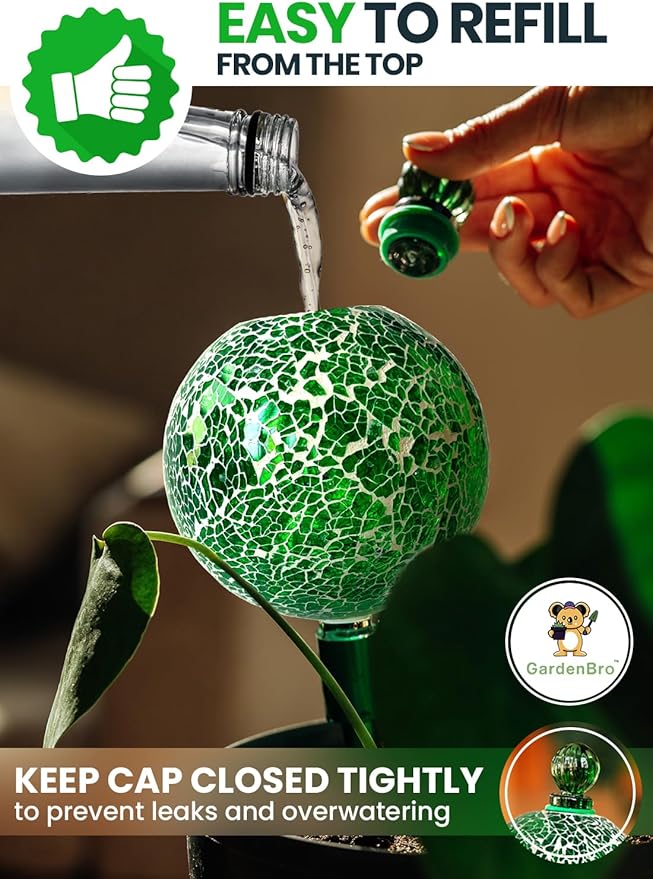 16 Oz Plant Watering Globes For Indoor Plants With Metal Self Watering Planter Insert - Premium XL Glass Hand-blown Globes - Automatic Indoor Planter Waterer, Gift Idea For Gardeners [1, Mosaic]