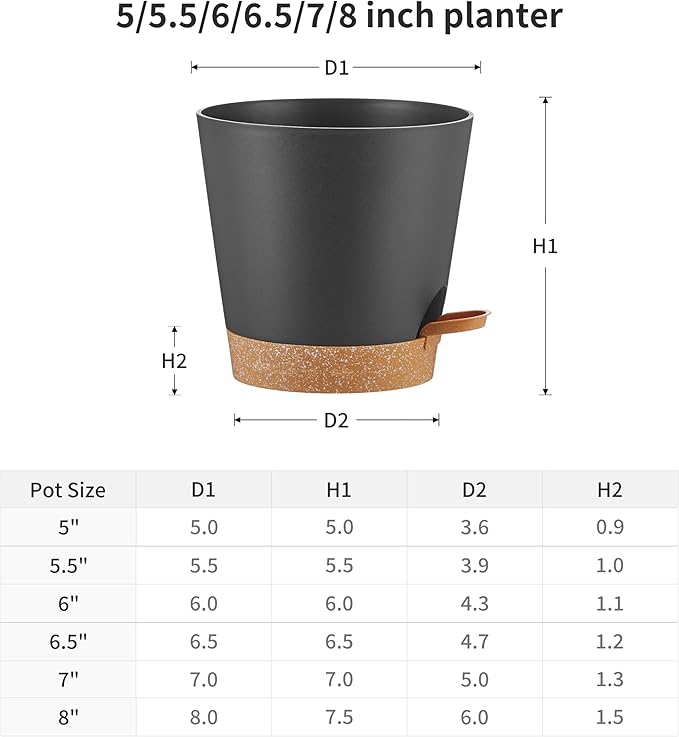 FaithLand 6-Pack Black Self Watering Planter Pots for Indoor Outdoor Plants - 8, 7, 6.5, 6, 5.5, 5 Inches Flower Pots