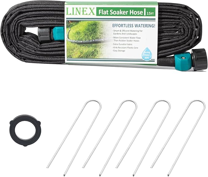 LINEX Garden Flat Soaker Hose 1/2" x 15 ft with Stake for Garden Beds Drip Irriagtion Hoses Heavy Duty Save Water 80%
