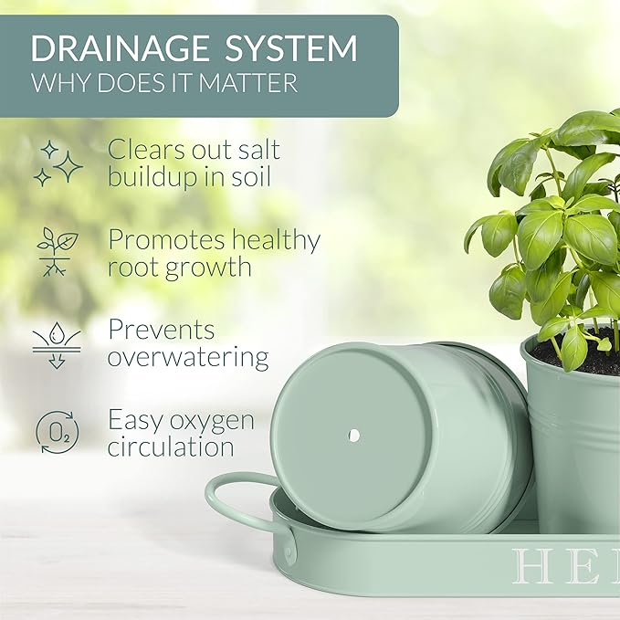 Barnyard Designs Indoor Herb Garden Planter Set with Tray, Metal Windowsill Plant Pots with Drainage for Outdoor or Indoor Plants, Set/3 (Soft Mint)