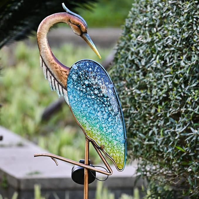TERESA'S Collections Blue Heron Outdoor Solar Lights for Garde Decor, Metal Yard Decorations Outdoor Decorative Garden Stake for Outside, Yard Art Pathway Lights for Patio Decor 43",Gifts for Mom