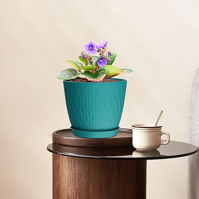 6 inch Plant pots, 12 Pack Modern Plastic Planters with Drainage Holes and Saucers for Repotting Indoor Plants and Flowers, Blue