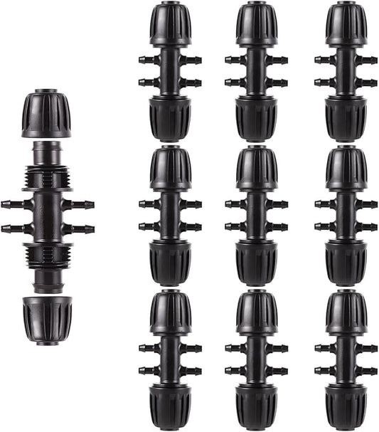 Barbed Tee 1/2 Inch to 1/4 Inch Irrigation Tube Fittings for (1/2'' ID x 0.60''-0.63'' OD) 16mm Drip Tubing Anti-Drop Barbed Connectors,6-Way-10 Pcs