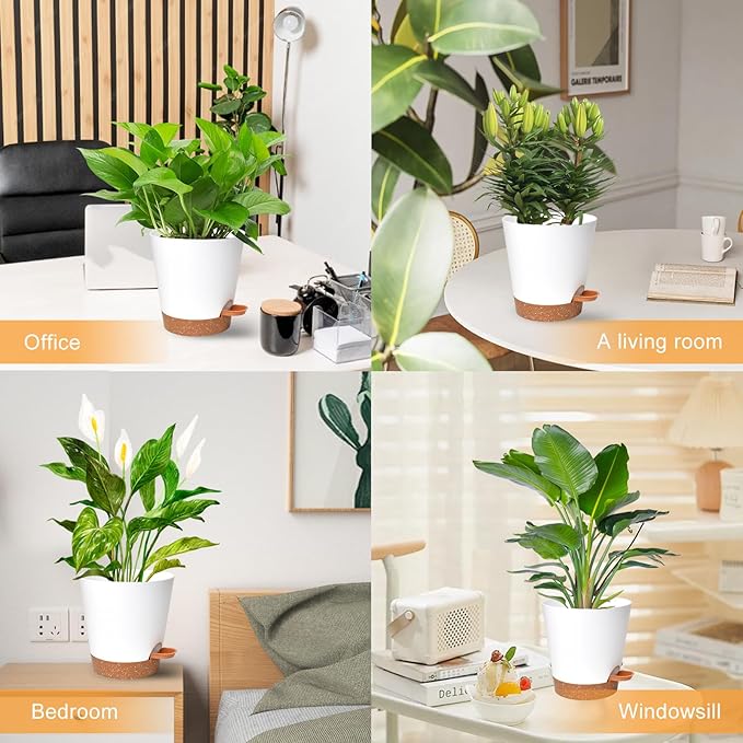 Planters for Indoor Plants 7/6.5/6/5.5/5 Inch, Self Watering Planters with Drainage Holes and Saucers 5 Pack Plastic Pots for Plants, Succulents, Herbs, Cactus, Flower Pots, White