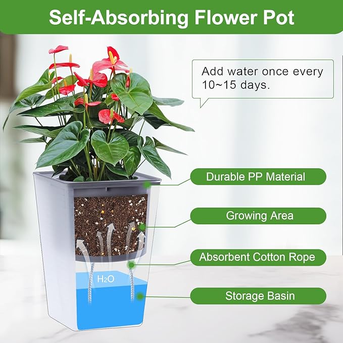 Self Watering Planter 4 Pieces 6 Inch, Plastic Flower Pots with Inner Pot Indoor Plants Brick Pattern Flowerpot for Indoor Plants, African Violets, Flowers, Herbs