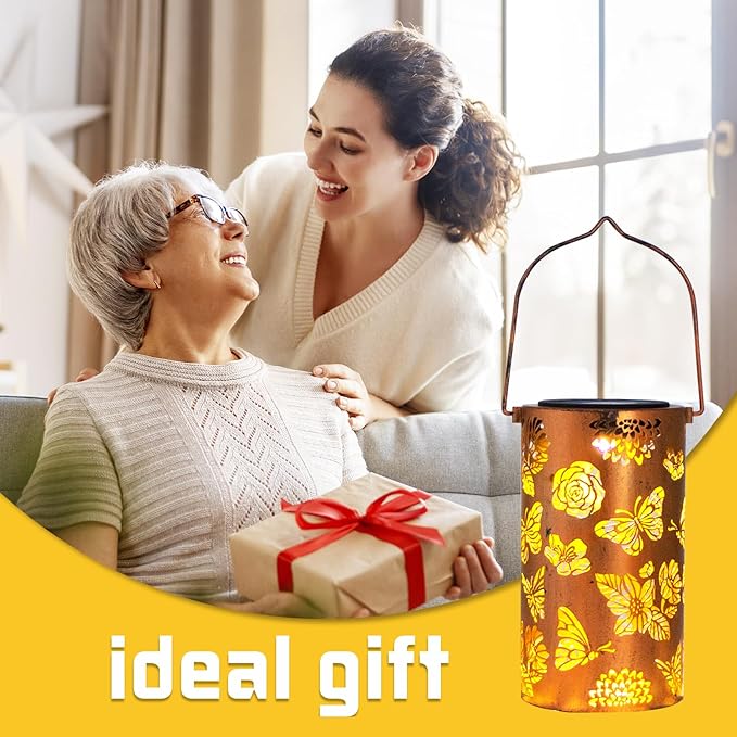 Mothers Day Gifts, 2 Pack Butterfly Solar Lanterns Outdoor Hanging Lantern Lights, Flower Pattern Waterproof LED Garden Decorative Light for Patio Yard Pathway Lawn Front Porch Tree