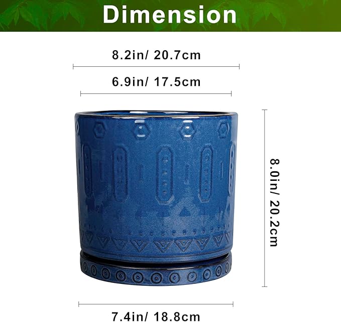 Ceramic Planter - 8 Inch Plant Pot Indoor with Drainage Holes and Saucer Round Planter Outdoor Mid-Century Modern Flower Pot Succulent Pot for Home Decor Blue