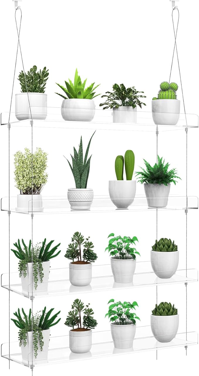 4-Tier Hanging Clear Plant Shelves for Windows, Acrylic Window Wall Plant Stand Shelf for Kitchen Indoor Gardens, Flower, Succulents, Herb, Seedling Organization, and Pots Display, 16 Inch per Tier