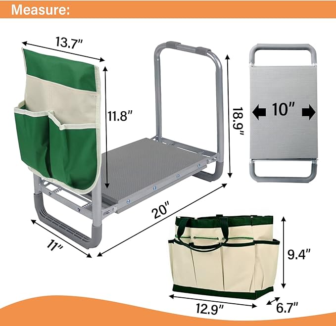 BDL Garden Kneeler Seat Foldable Durable Garden Stool with Tool Bag Pouch and Garden Gloves 330lb Capacity-Protects Your Knees, Clothes from Dirt & Grass Stains