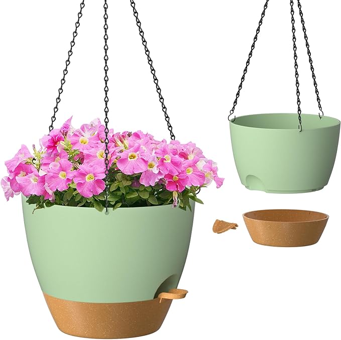 ZMTECH 12 Inch Hanging Planters for Indoor Outdoor Plants, 2 Pack Self Watering Hanging Plant Pots with Drainage Hole, Visual Reservoir, Plastic Flower Hanging Pots with Watering Lip (Green)