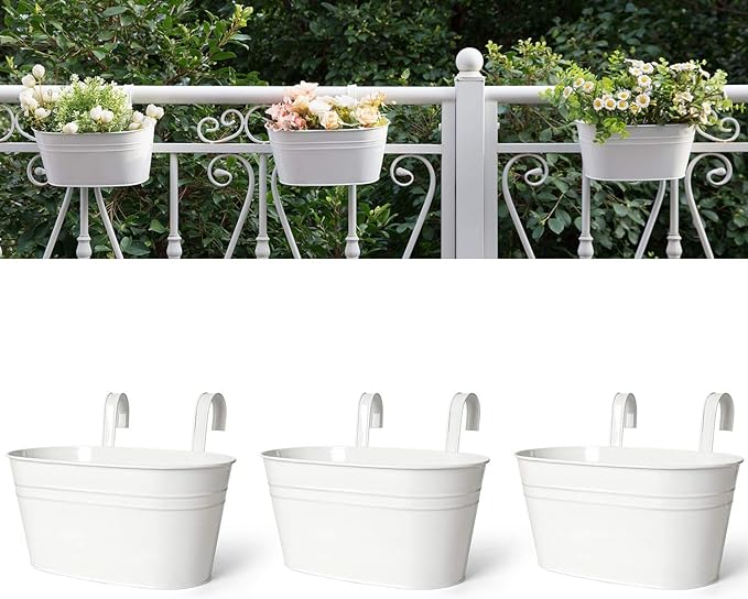 Dahey Metal Iron Hanging Flower Pots for Railing Fence Outdoor Planter Hanging Bucket Pots Countryside Style Window Flower Plant Holder with Detachable Hooks Home Decor,White,3 Pcs