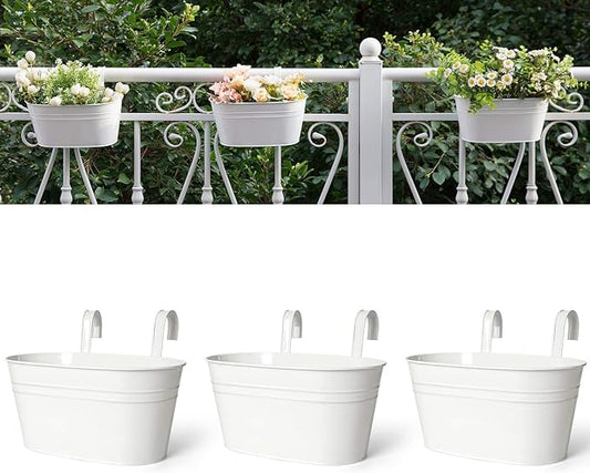 Dahey Metal Iron Hanging Flower Pots for Railing Fence Outdoor Planter Hanging Bucket Pots Countryside Style Window Flower Plant Holder with Detachable Hooks Home Decor,White,3 Pcs