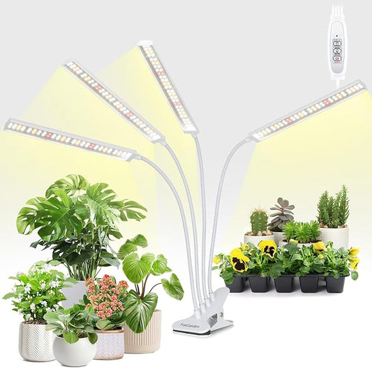 FOXGARDEN® Plant Lights for Indoor Growing, Grow Light Full Spectrum with Timer 4/8/12 H, Four-Head 208 LED Grow Lamp with Flexible Gooseneck & Clamp on Desk, 4 Brightness Levels for Indoor Plants