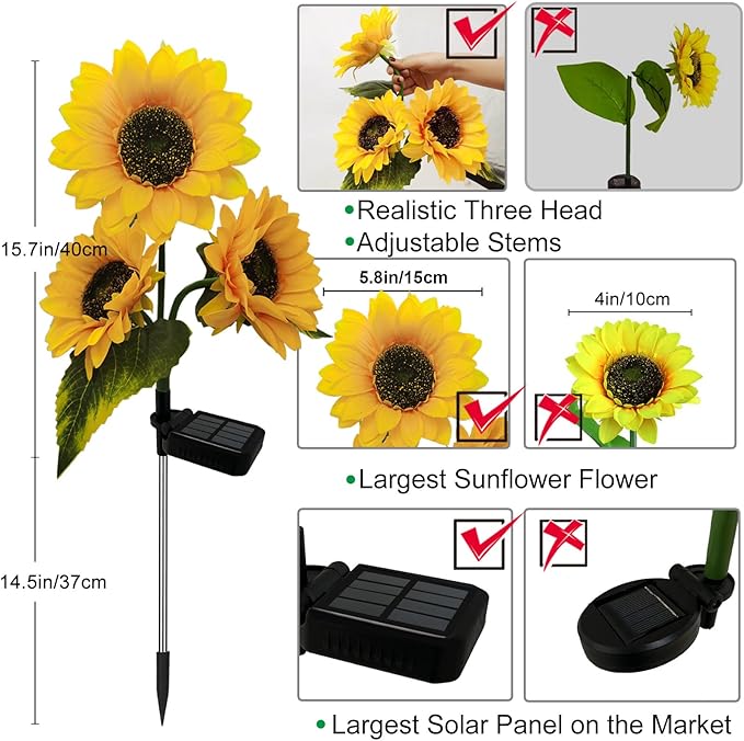2 Pack Sunflower Solar Lights Outdoor Decor with 3 LED Sunflower Yellow Flower Lights Decorative Waterproof for Patio Lawn Garden Yard Pathway Decoration